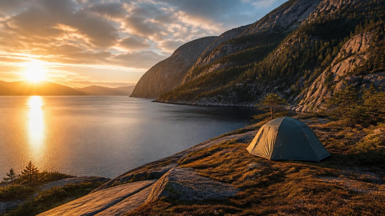 Zelt an einem Fjord bei Sonnenuntergang in Südnorwegen